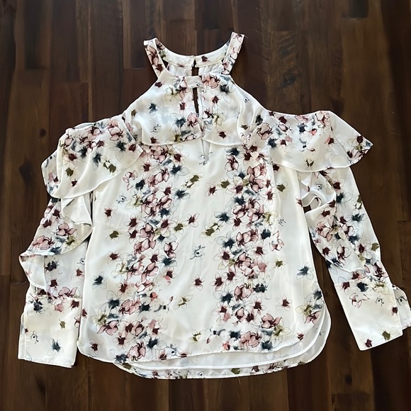 Bcbgmaxazria Celestine Floral Print Cold-Shoulder Top - Off White Combo, Size XS - Picture 4 of 5